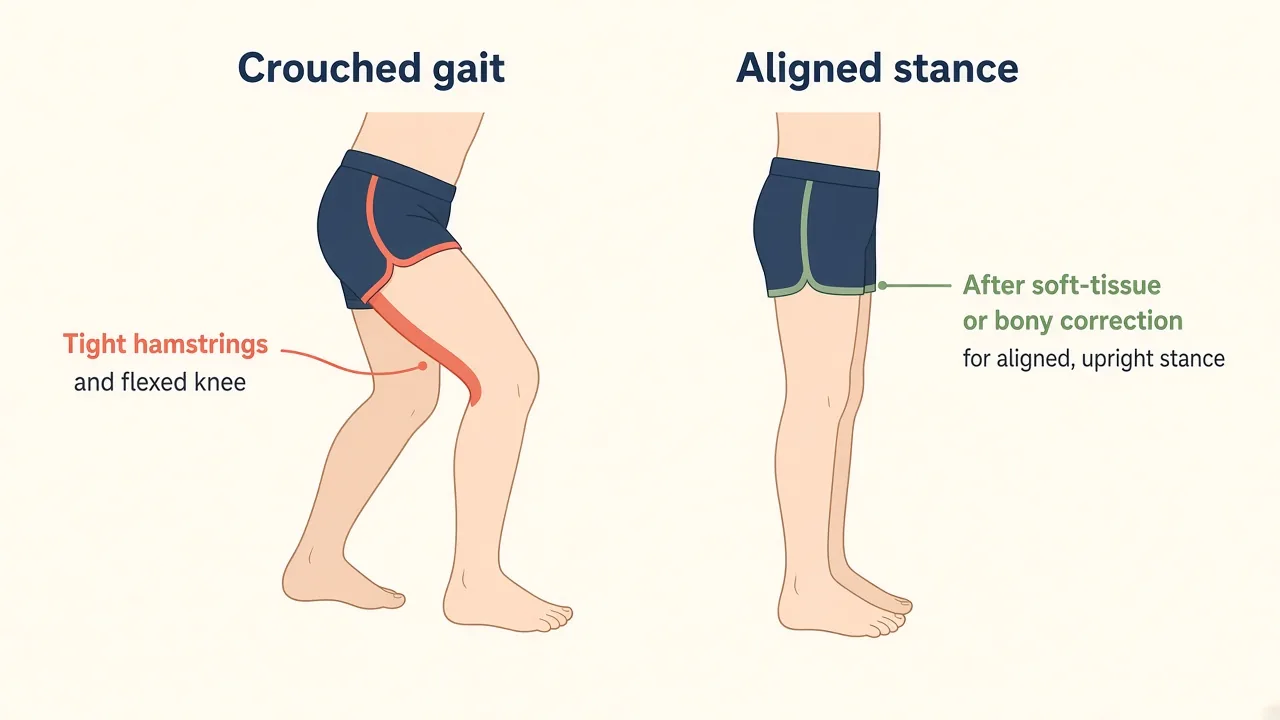Illustration of a child's crouched gait beside a more upright stance after orthopaedic correction