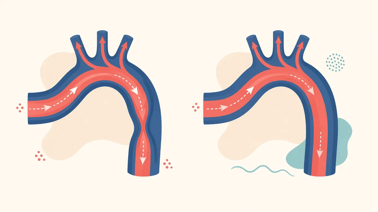 Illustration showing a narrowed aortic arch before and after coarctation repair