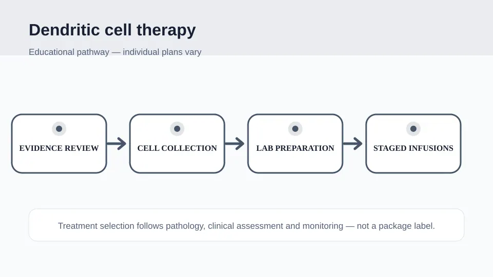 Medical illustration showing evidence review, cell collection, laboratory preparation and staged dendritic-cell administrations