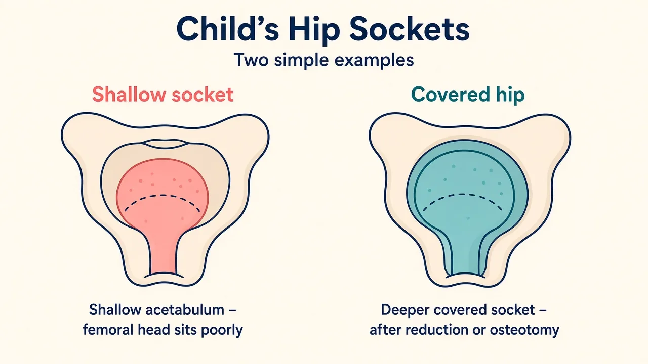 Illustration of a shallow child's hip socket beside a better-covered hip after reduction