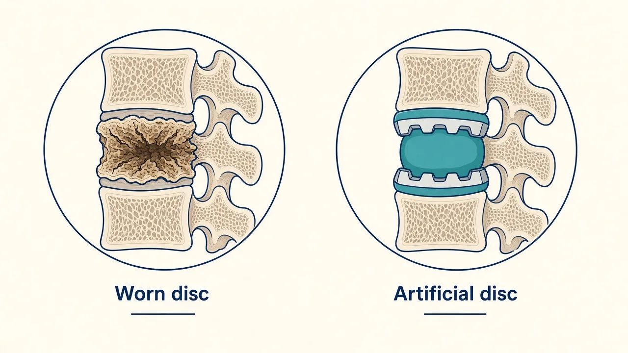 Illustration of a worn disc replaced with a motion-preserving artificial disc