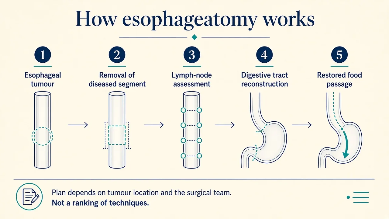 Illustration showing the main steps of esophagectomy from tumour removal to digestive tract reconstruction