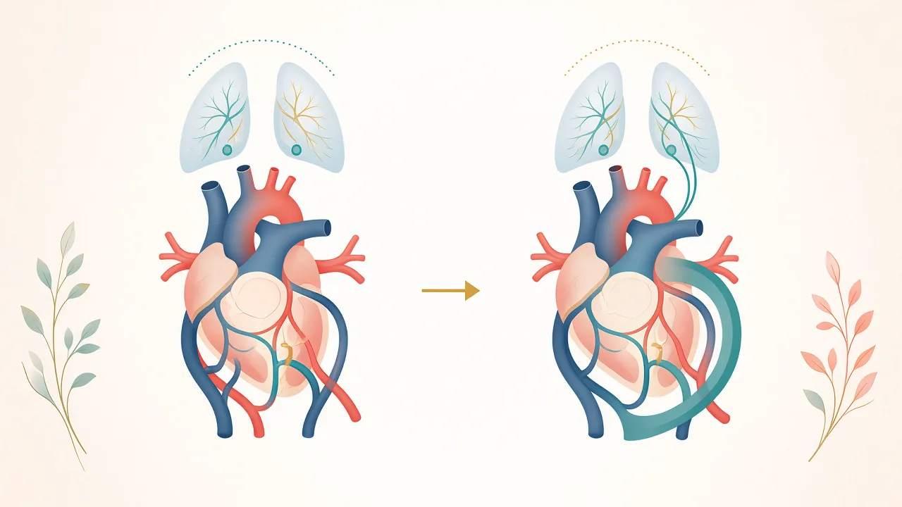 Illustration showing the lower-body venous pathway created by a Fontan procedure