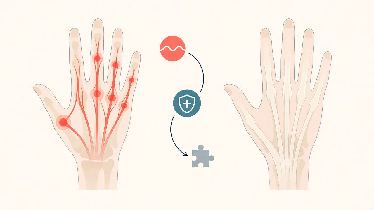 Illustration of an injured hand and a conceptual reconstruction of tendons or joints