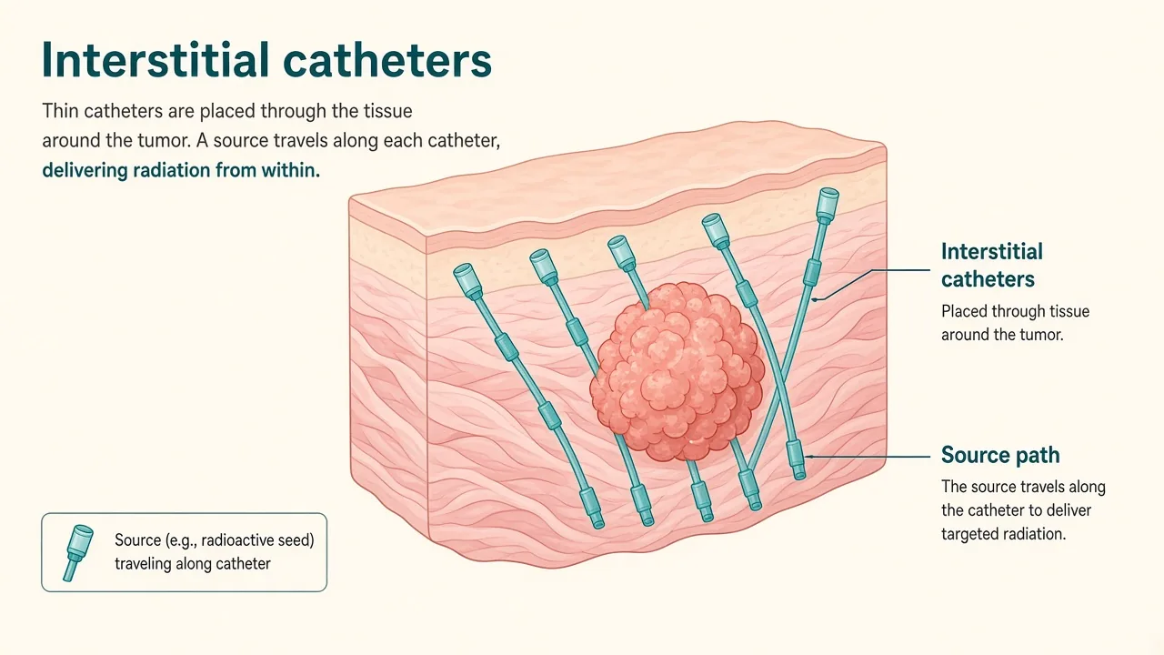 Illustration of interstitial brachytherapy needles placed in tissue around a tumor bed