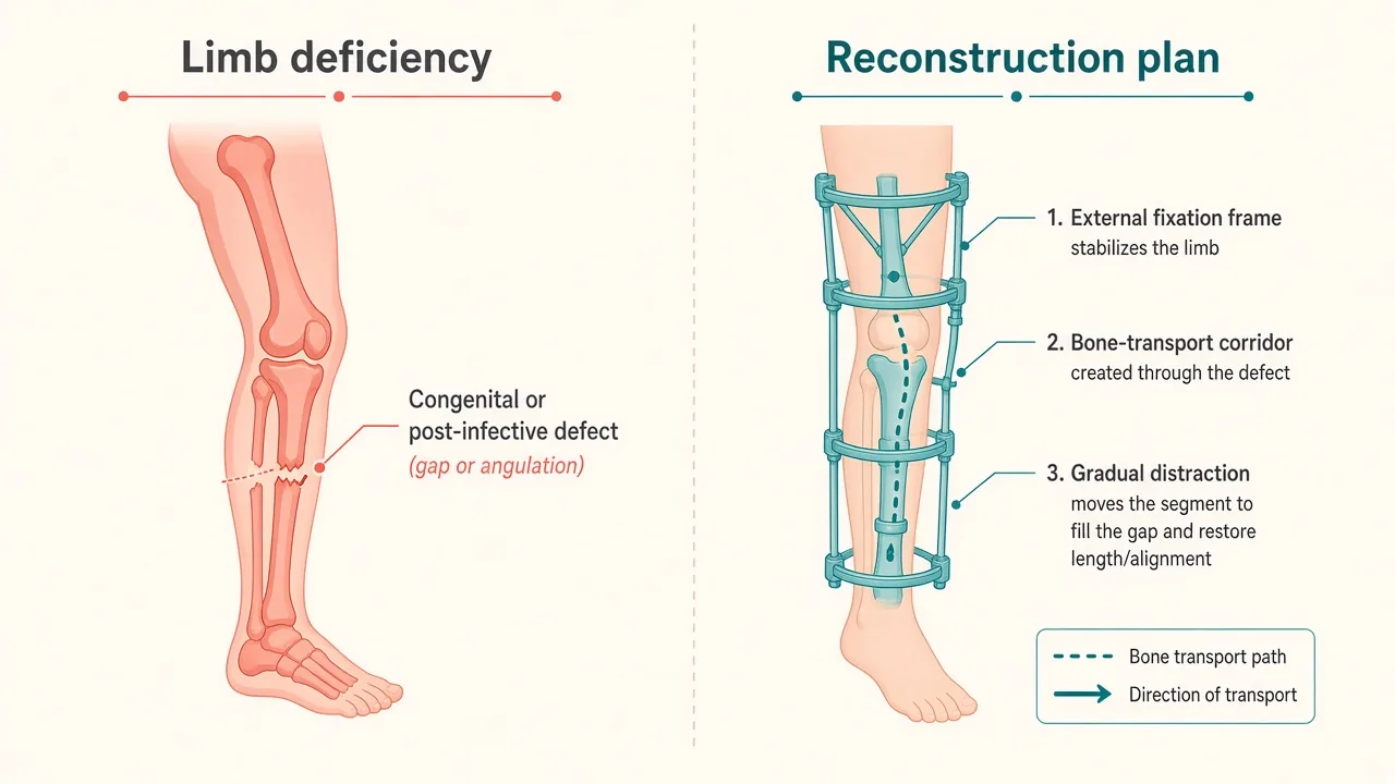 Illustration of a child's deficient lower limb beside a frame reconstruction and bone-transport corridor