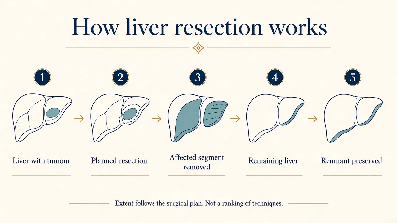 Medical illustration showing how liver resection removes a diseased portion of the liver while preserving the remaining liver tissue
