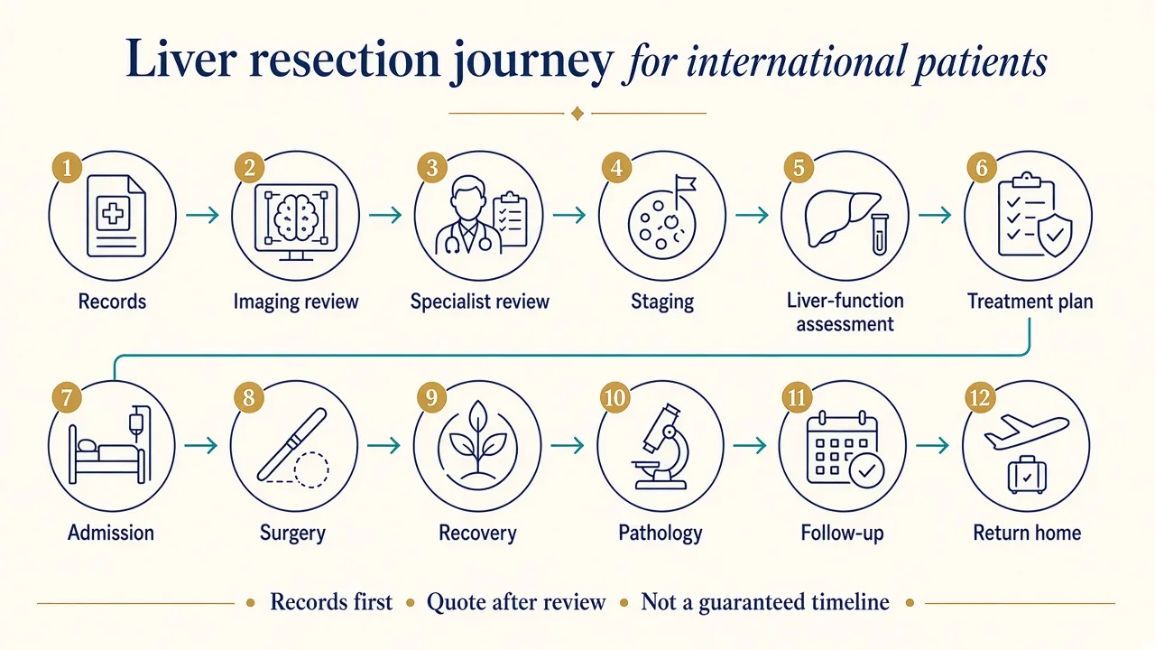 Illustration showing the liver resection treatment journey for international patients travelling to India