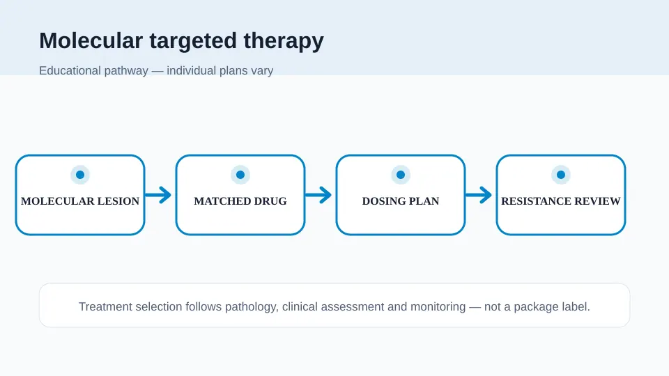 Medical illustration showing a molecular lesion, matched medicine, dosing plan and resistance reassessment