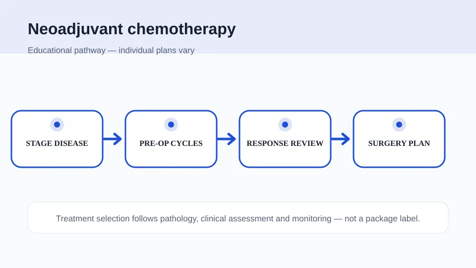 Medical illustration showing staging, pre-operative chemotherapy cycles, response review and coordinated surgery planning