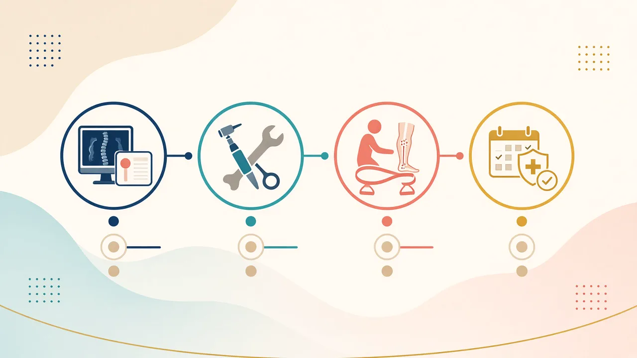 Illustration of evaluation, surgery, ward recovery and physiotherapy for total knee replacement