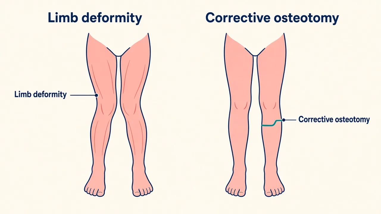 Illustration of a child's bowed legs beside a straighter alignment after corrective osteotomy