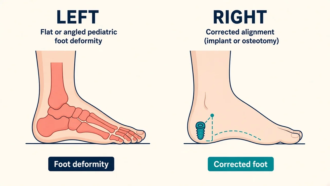 Illustration of a child's foot deformity beside a corrected foot-and-ankle alignment