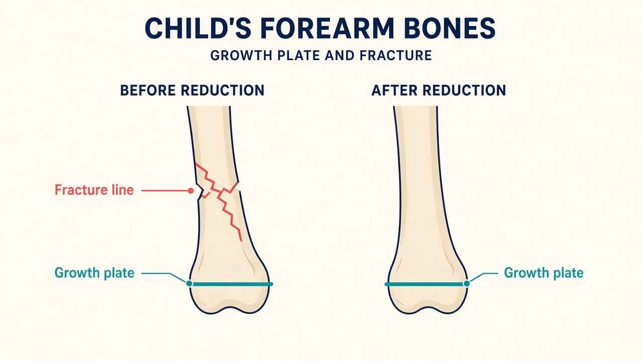 Illustration of a child's forearm fracture near a marked growth plate before reduction