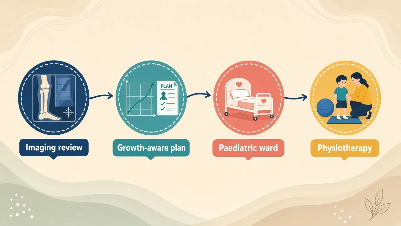 Illustration of imaging review, growth-aware planning, paediatric ward recovery and physiotherapy for limb lengthening surgery