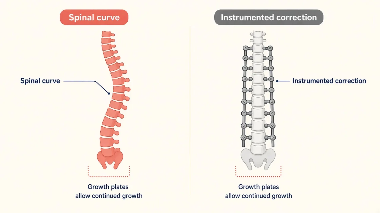 Illustration of a child's curved spine beside an instrumented scoliosis correction