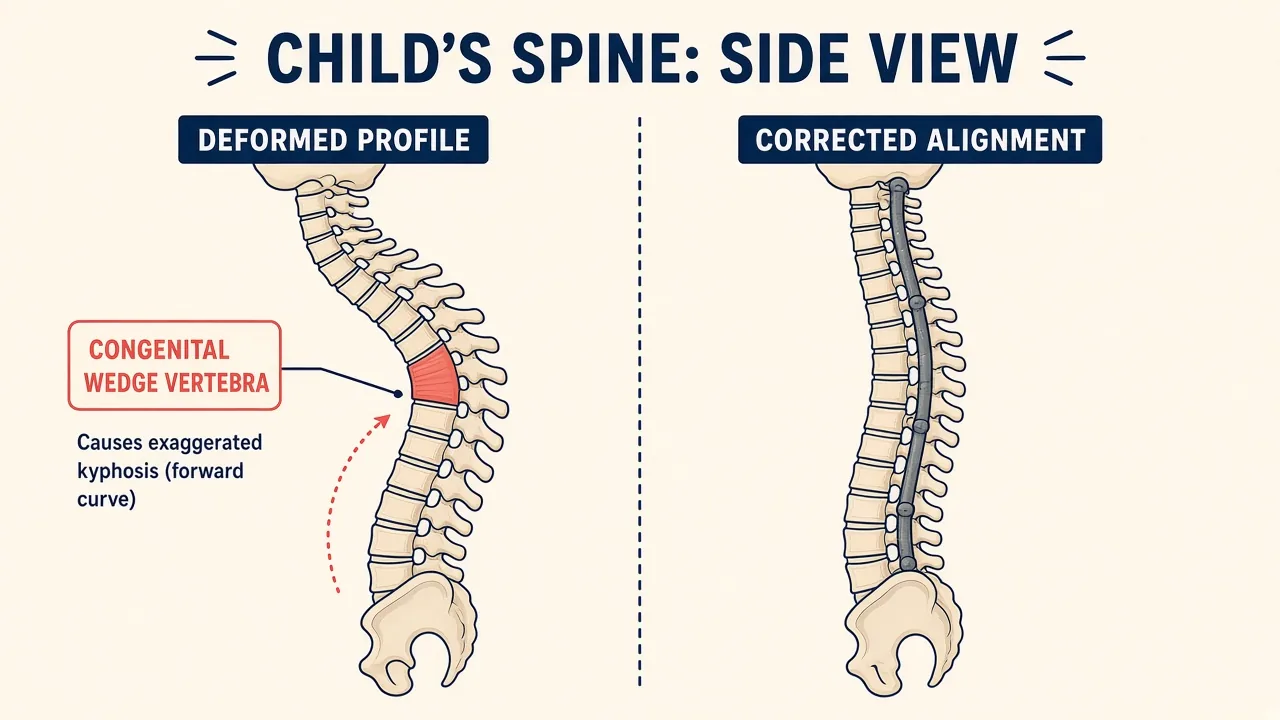 Illustration of a child's kyphotic spinal profile beside a more balanced instrumented correction