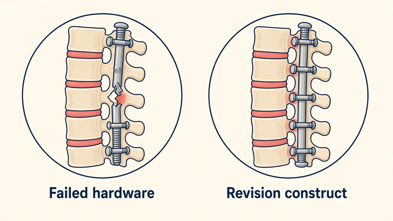 Illustration of failed spinal hardware being exchanged for a revision construct