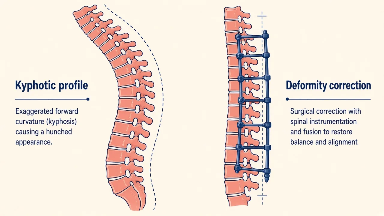 Illustration of a kyphotic spinal profile and the concept of instrumented deformity correction
