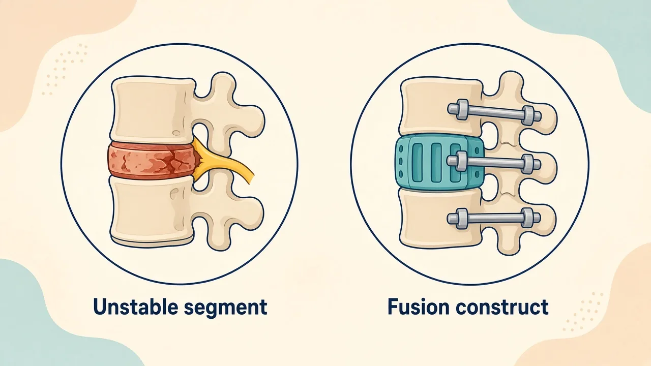 Illustration of selected vertebrae joined with rods, screws and interbody cages for spinal fusion