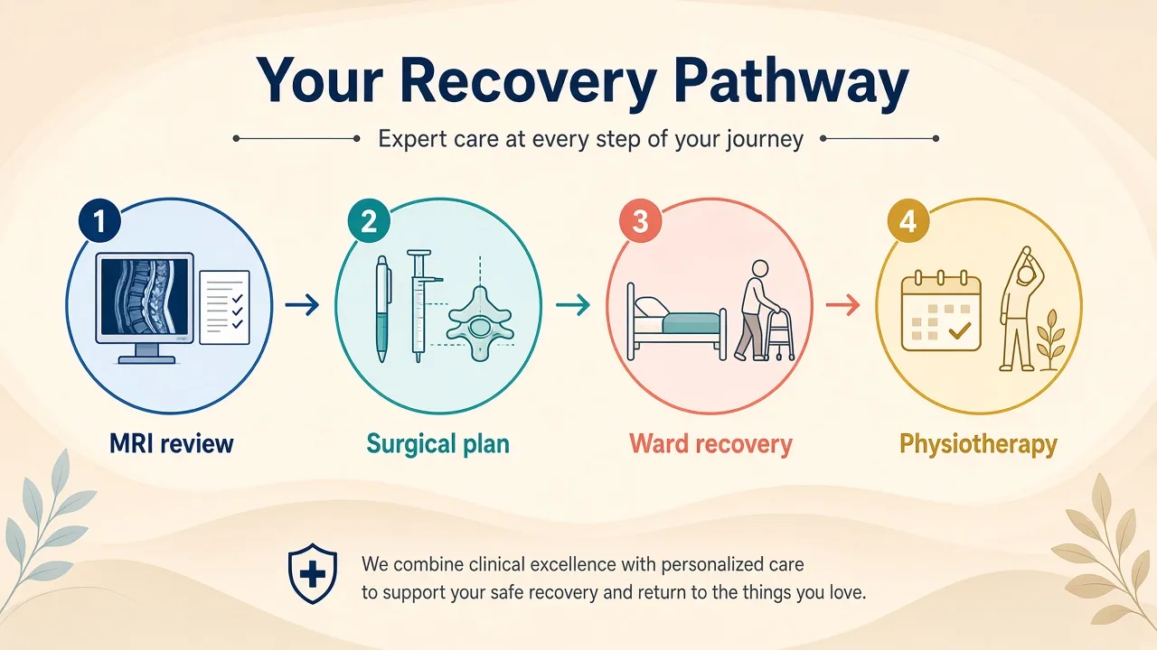 Illustration of MRI review, surgery, ward recovery and physiotherapy for disc replacement