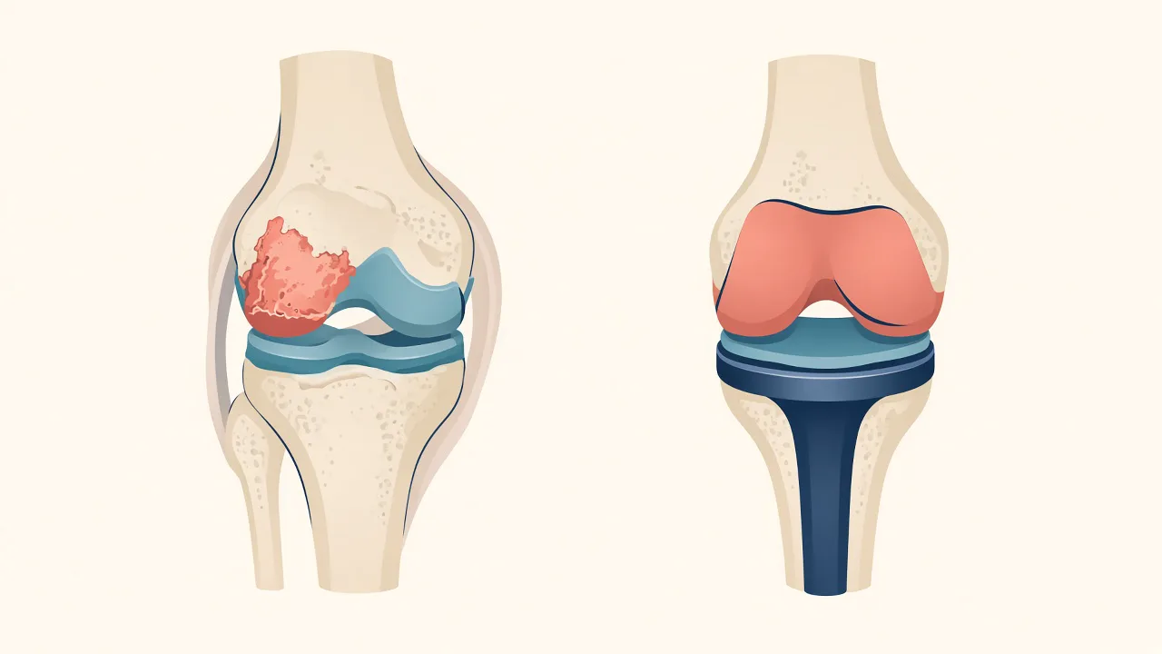 Illustration of worn knee surfaces and the concept of resurfacing them with a total knee prosthesis