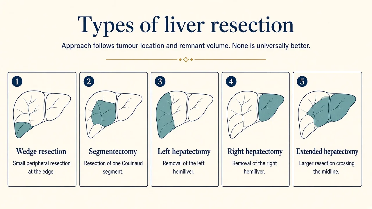 Illustration comparing common types of liver resection including wedge resection, segmentectomy, left hepatectomy and right hepatectomy