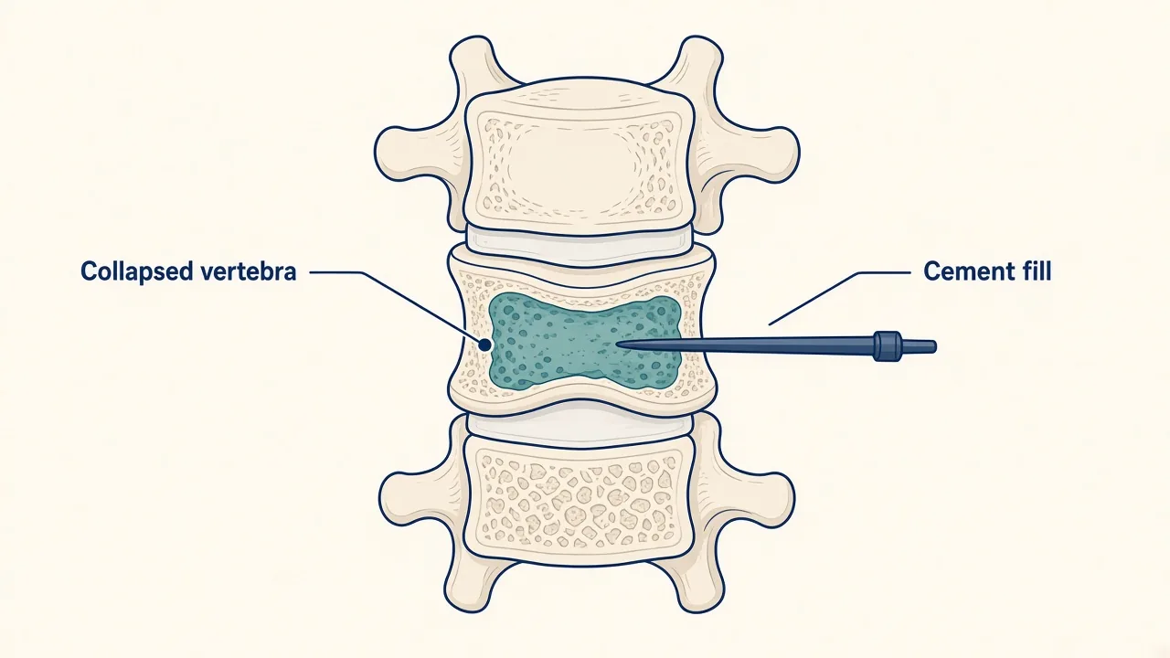 Illustration of cement being placed into a collapsed vertebral body