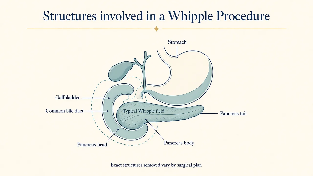 Medical illustration showing the pancreas, duodenum, bile duct and nearby structures involved in a Whipple Procedure