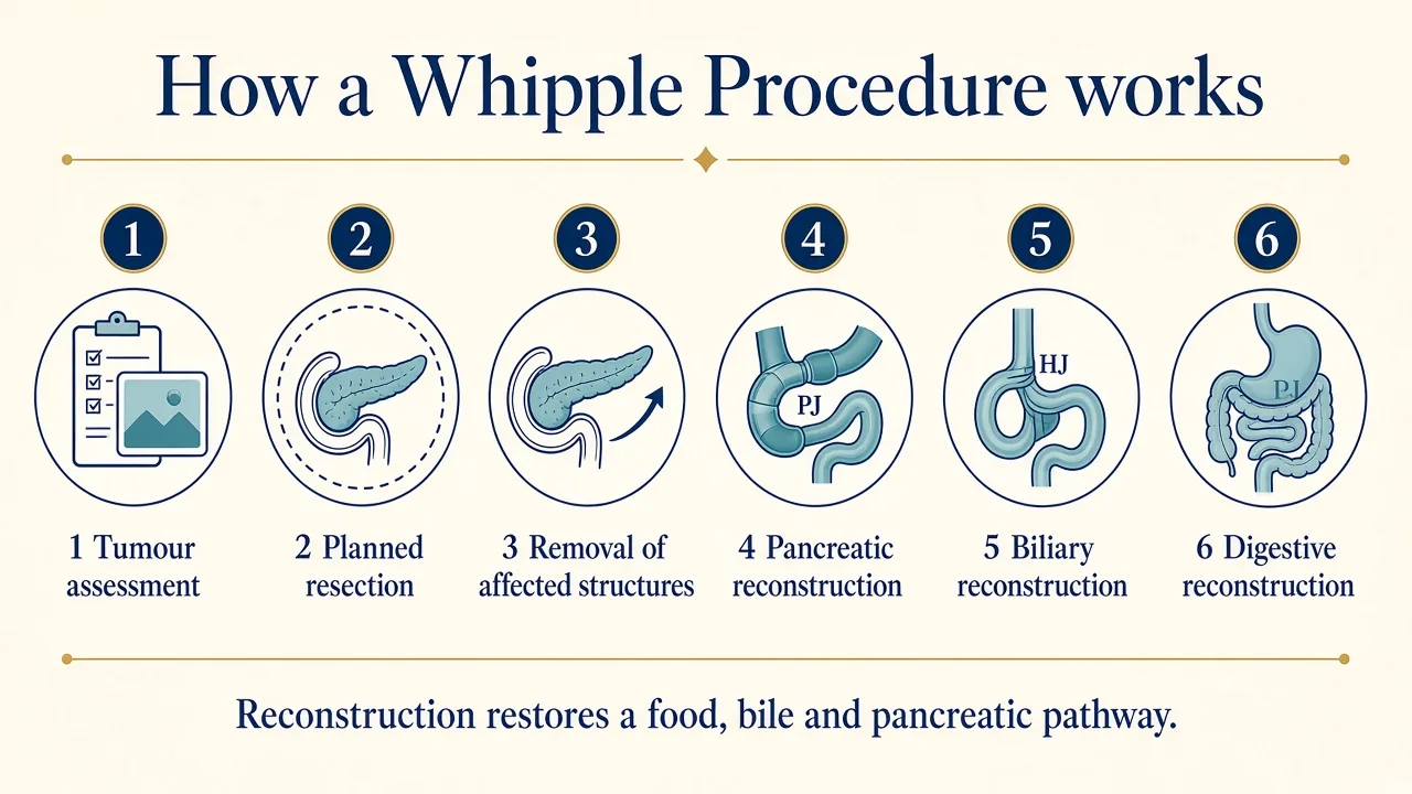 Illustration showing the main stages of a Whipple Procedure including resection and reconstruction of the digestive system