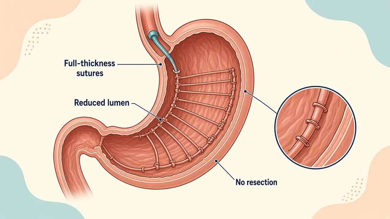 Medical illustration of an endoscope placing full-thickness internal gastric sutures to create an endoscopic sleeve without stomach removal