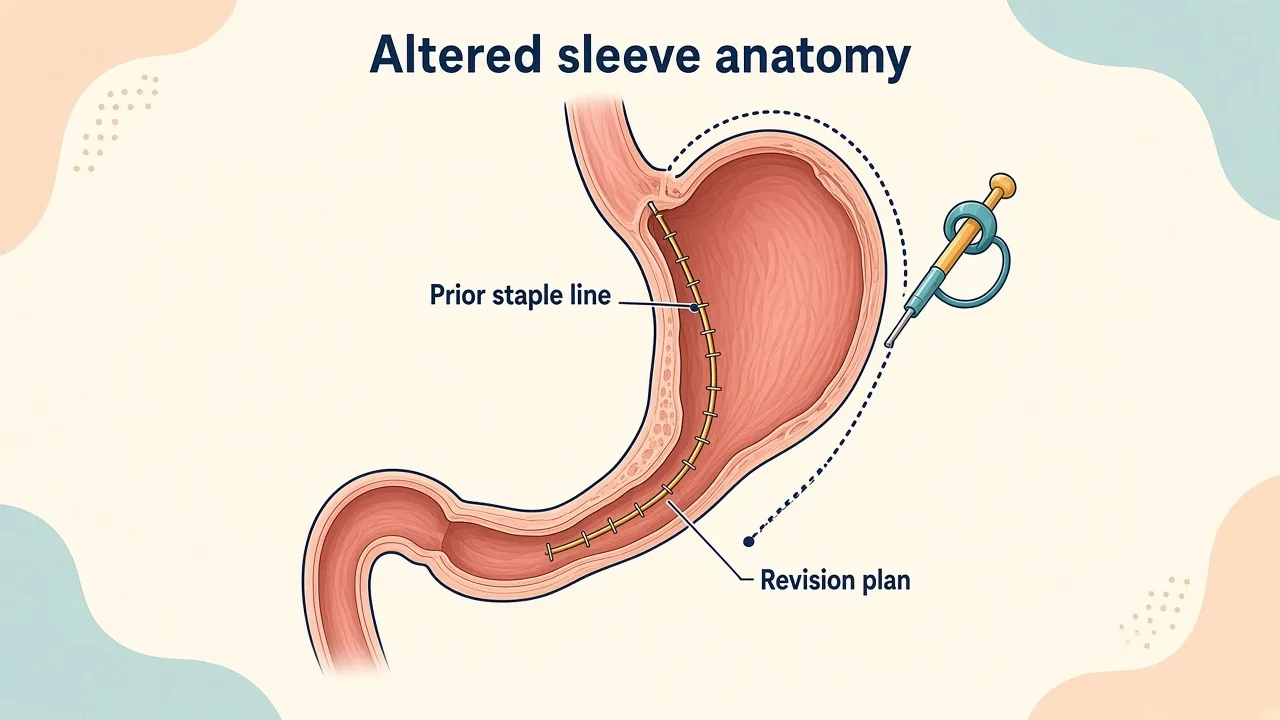 Medical illustration of altered sleeve anatomy assessed for adhesiolysis, targeted repair, re-sleeve or conversion to gastric bypass