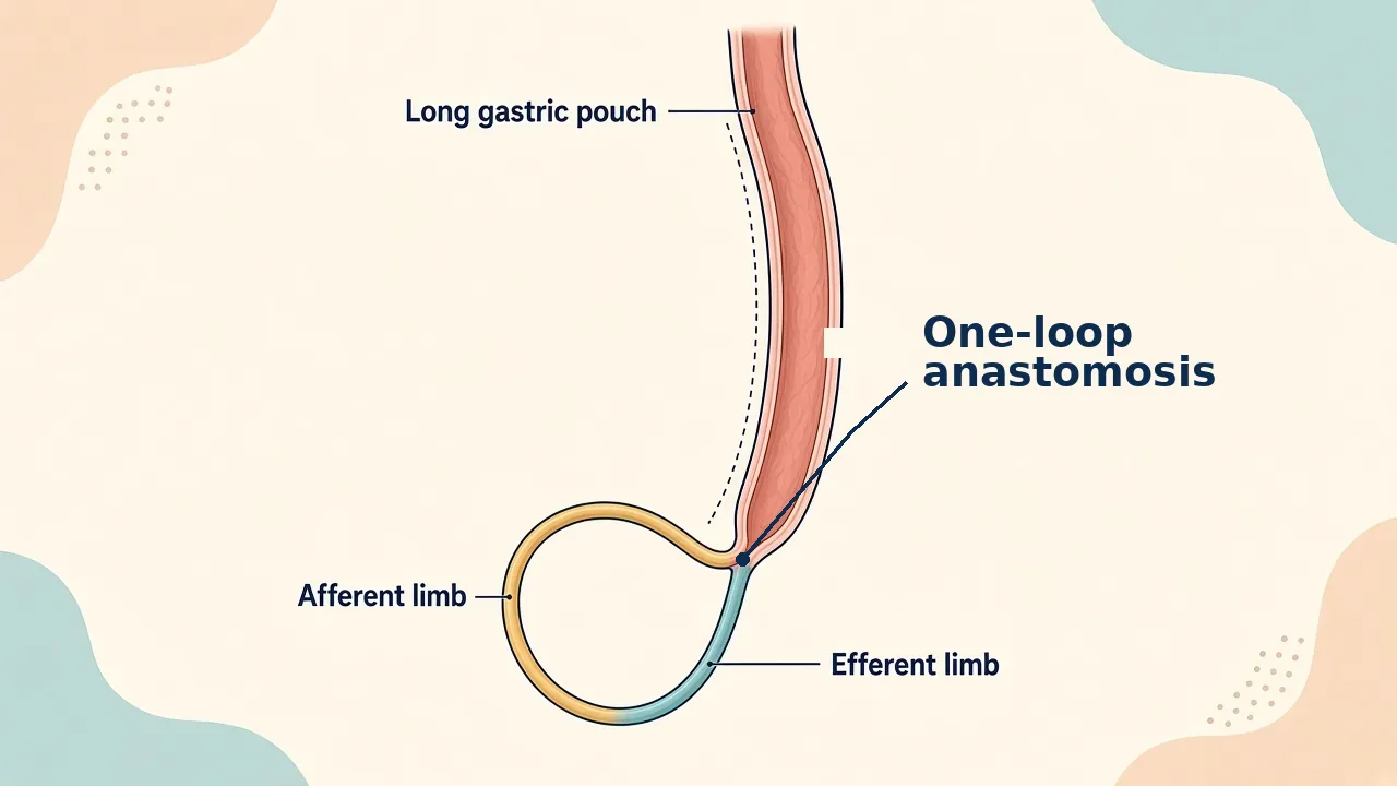 Medical illustration of a long gastric pouch connected through one gastrojejunal anastomosis to a loop of small bowel