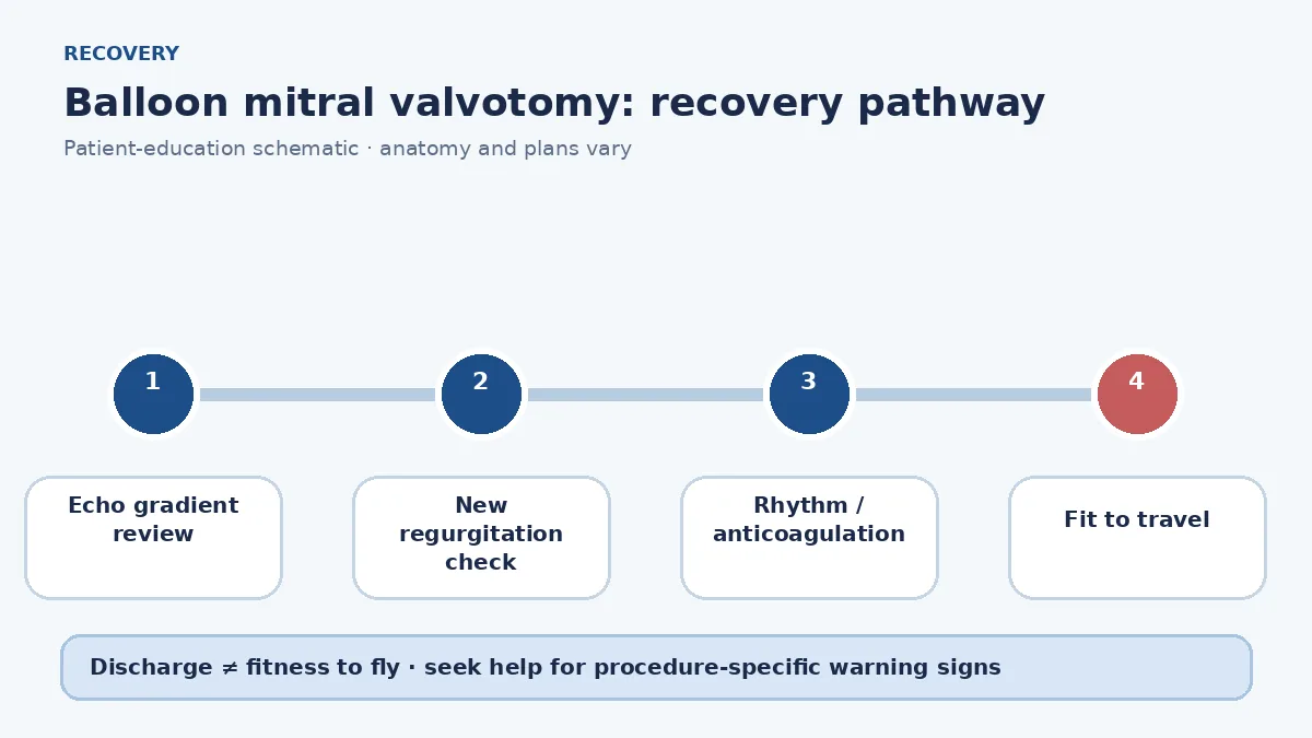 Balloon mitral valvotomy recovery pathway showing echo review, rhythm and anticoagulation checks, groin care and travel clearance