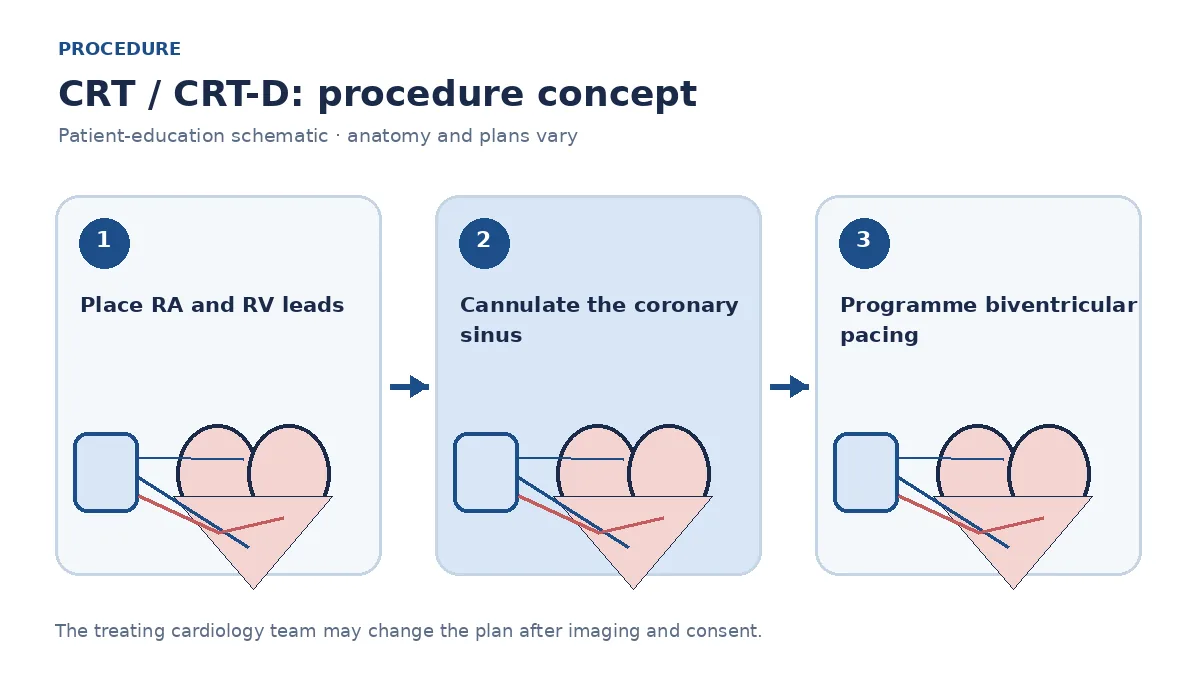 Clinical diagram of atrial, right-ventricular and coronary-sinus left-ventricular leads connected to a CRT generator