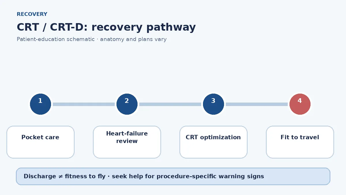 CRT recovery pathway showing pocket care, heart-failure review, device optimization and travel clearance