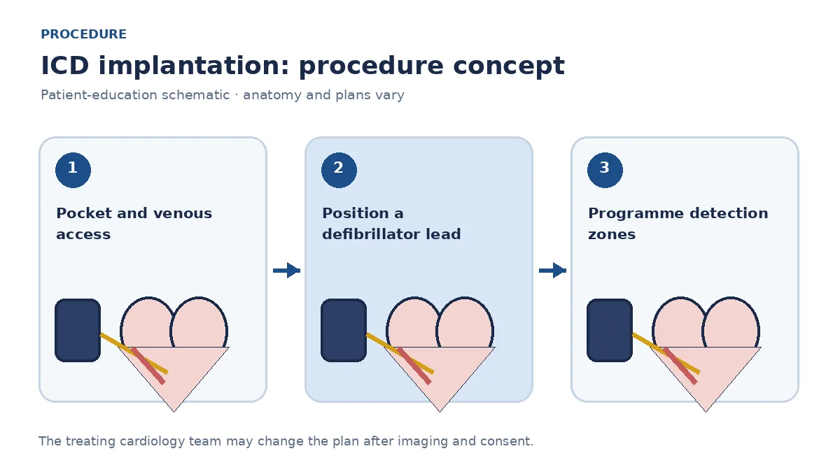 Clinical diagram of an ICD generator with a defibrillator lead in the right ventricle