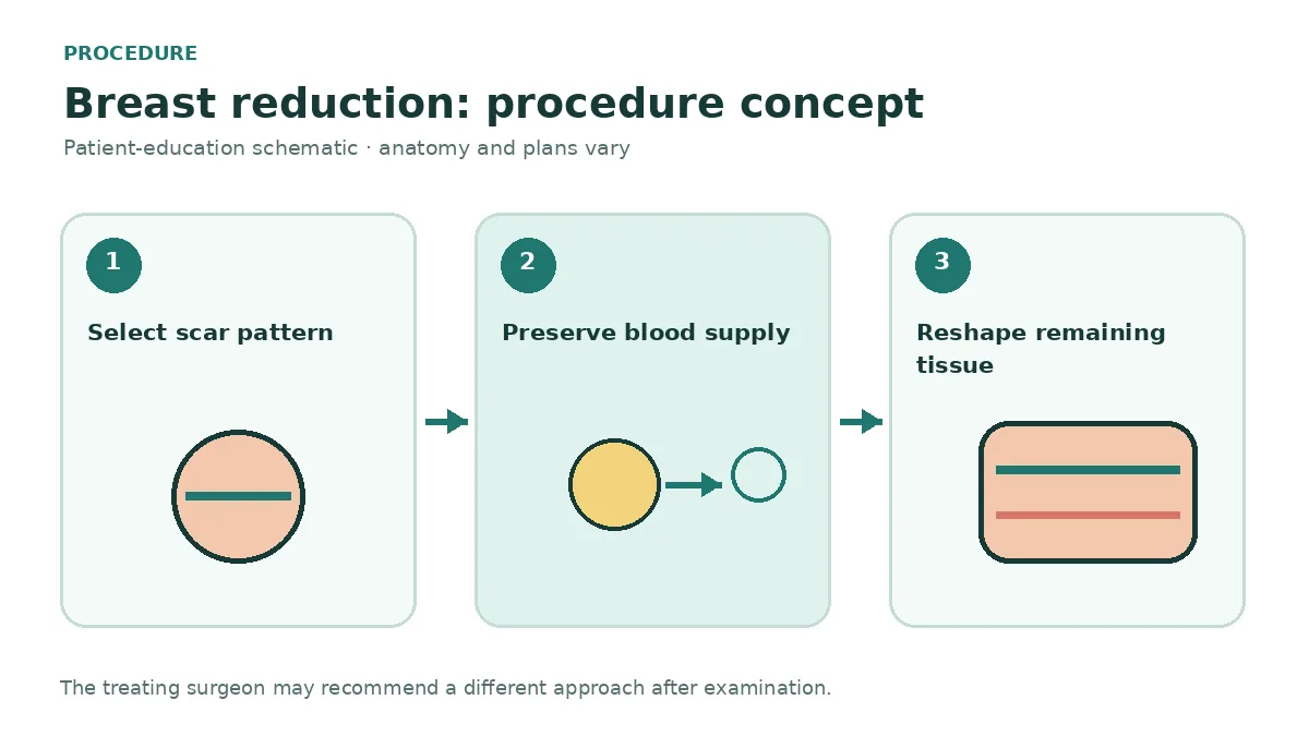 Clinical diagram comparing vertical and Wise-pattern breast reduction incisions and tissue-pedicle concepts