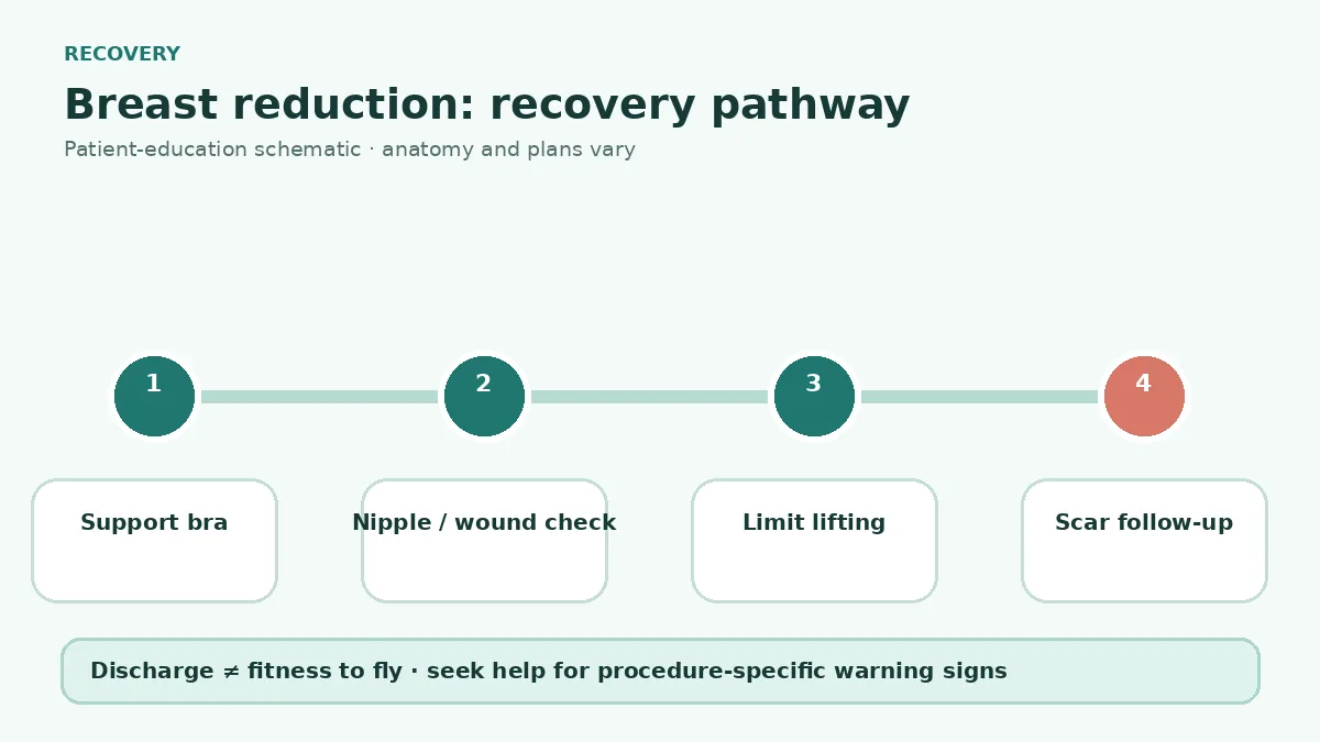 Breast reduction recovery pathway showing support bra use, nipple and wound checks, lifting restrictions and scar follow-up