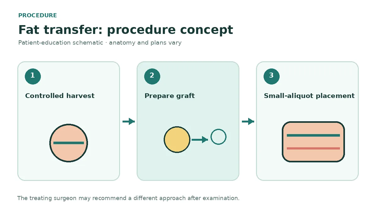 Clinical diagram showing fat harvest, processing and small-aliquot placement into an anatomically selected recipient plane