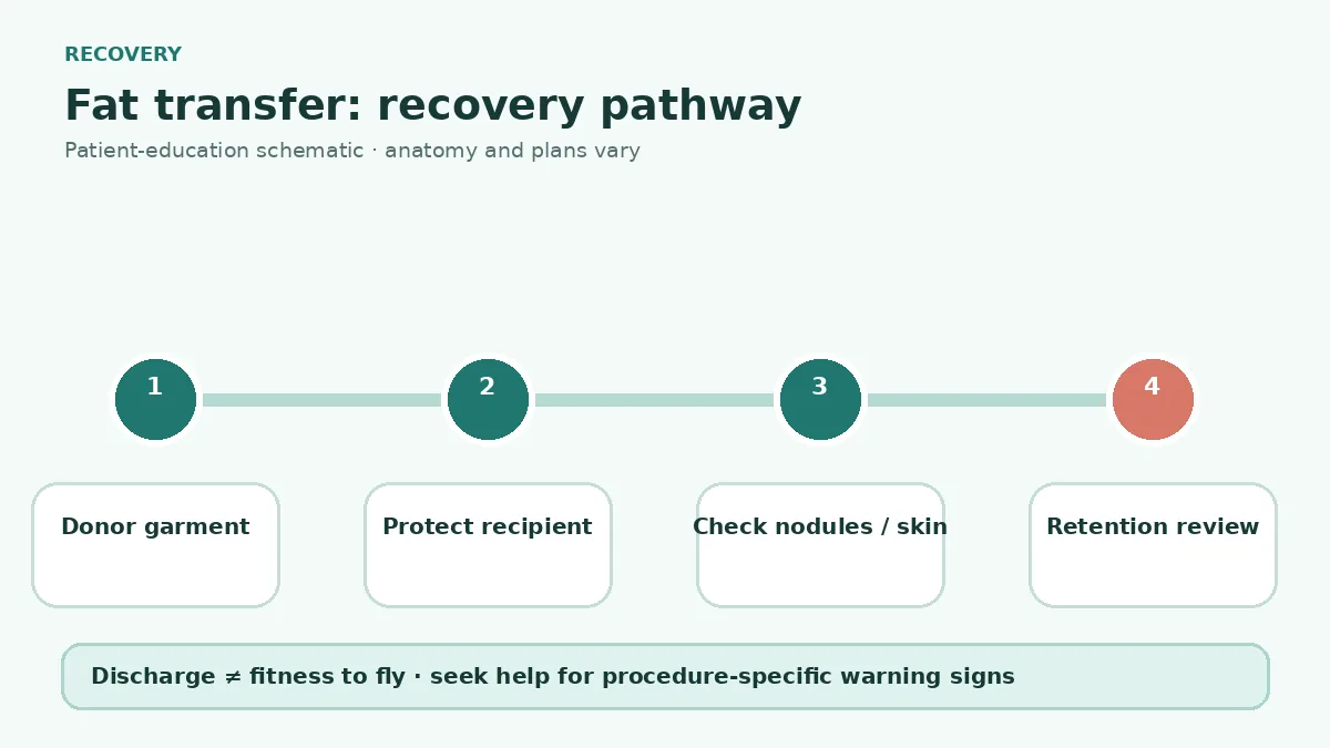 Fat transfer recovery pathway showing donor garment care, recipient pressure precautions, swelling review and staged retention assessment