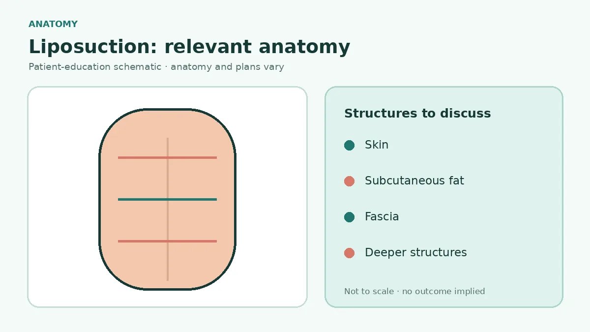 Medical body-map illustration showing subcutaneous fat layers and common areas that may be assessed for liposuction
