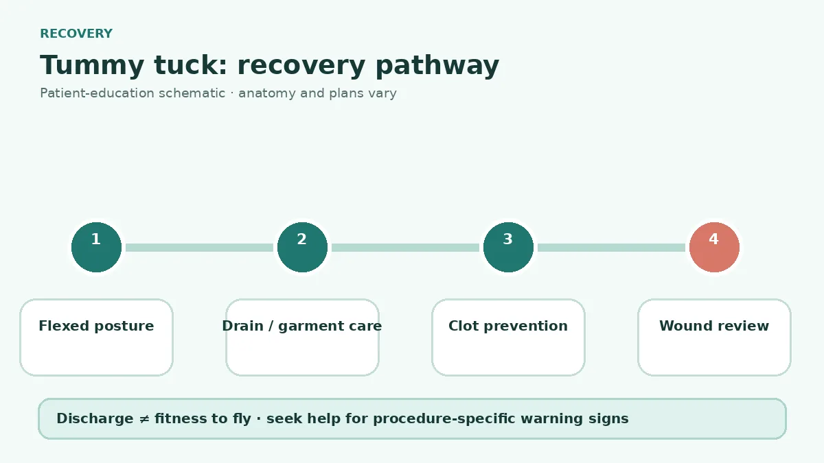 Tummy tuck recovery pathway showing flexed positioning, drain and garment care, clot prevention, wound review and travel clearance