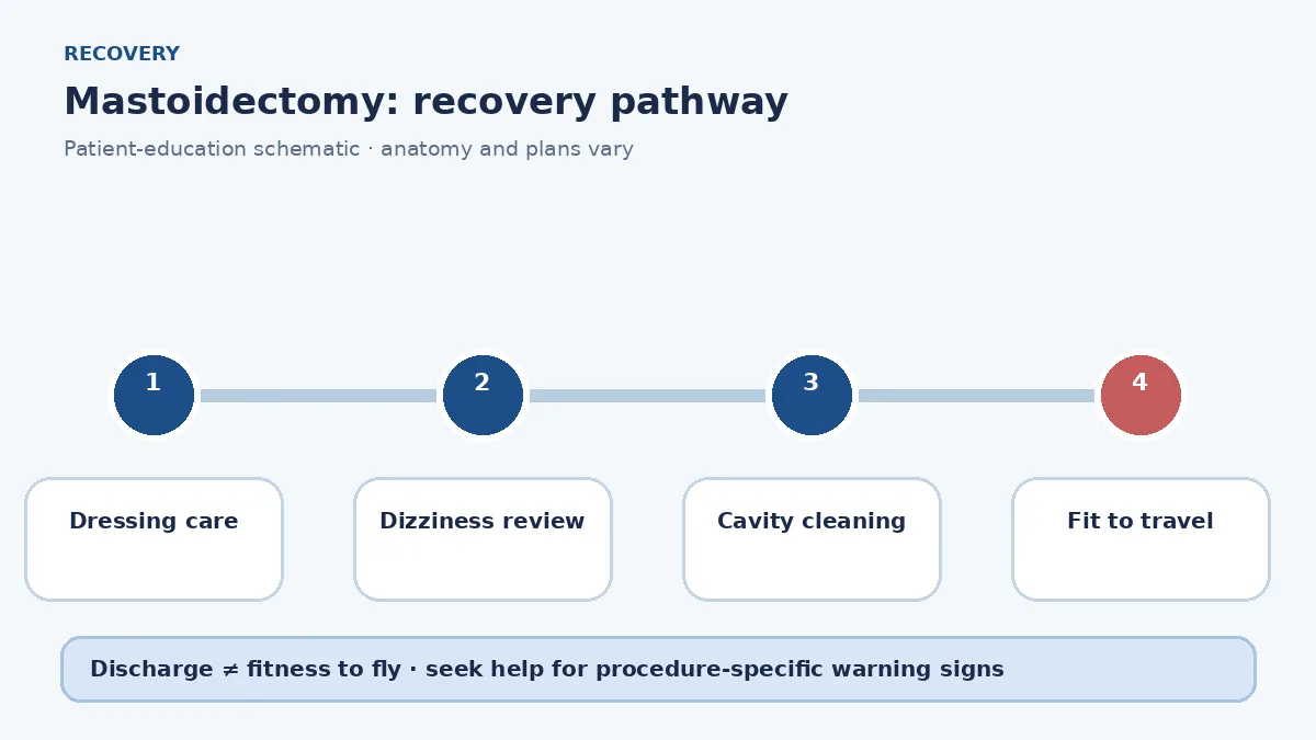 Mastoidectomy recovery pathway showing dressing care, dizziness review, cavity cleaning and travel clearance