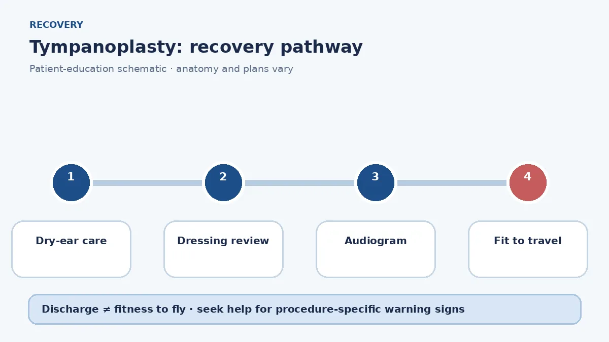 Tympanoplasty recovery pathway showing dry-ear care, dressing review, audiogram and travel clearance