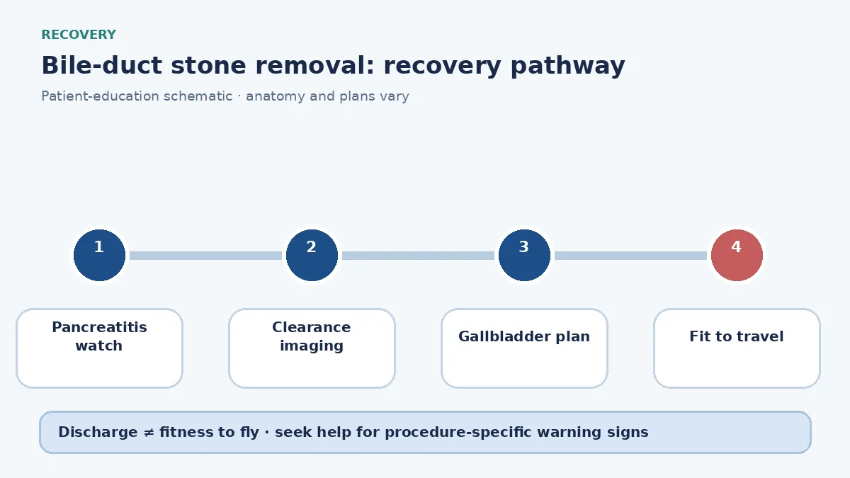 Bile-duct stone-removal recovery pathway showing pancreatitis watch, clearance imaging and travel advice