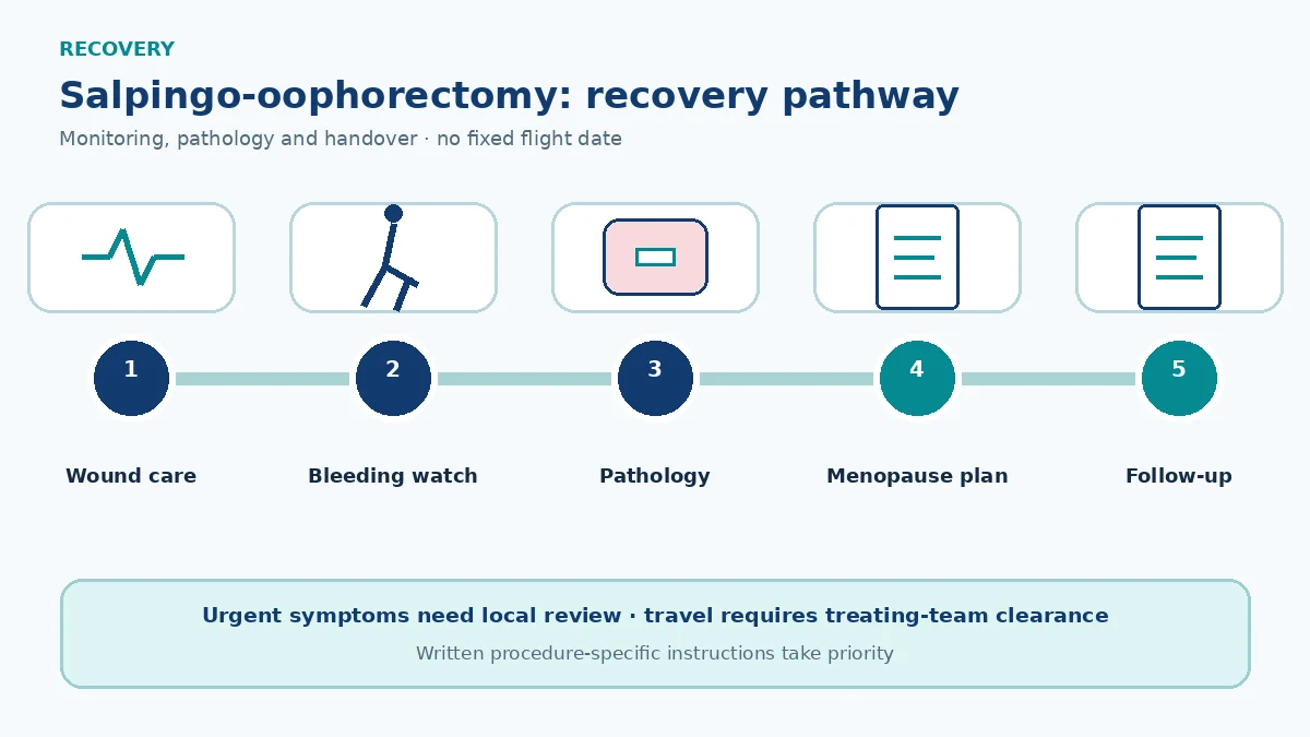 Salpingo-oophorectomy recovery pathway showing surgical monitoring, pathology, fertility or surgical-menopause counselling and specialist follow-up