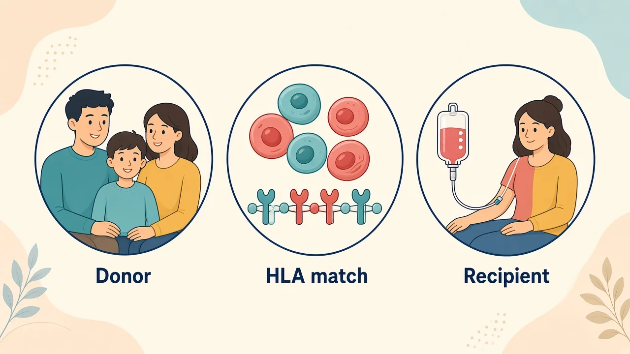 Medical illustration of an HLA-selected donor graft, conditioning, infusion and immune recovery after allogeneic transplant