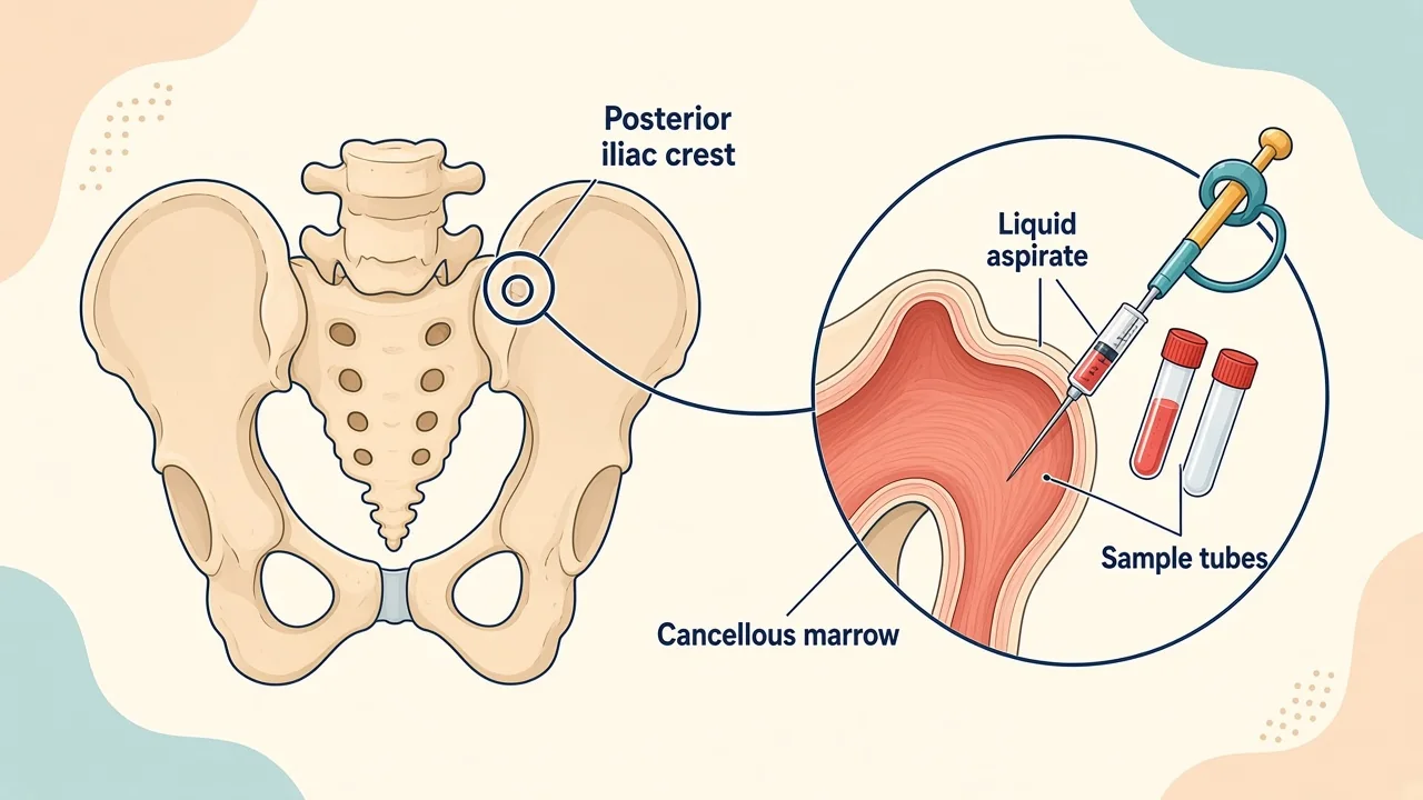 Medical illustration of liquid bone marrow being aspirated into specimen tubes for morphology, flow and genetic testing