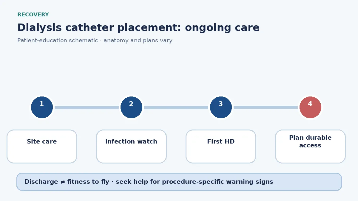 Dialysis-catheter recovery pathway showing site care, infection watch and planned conversion to durable access